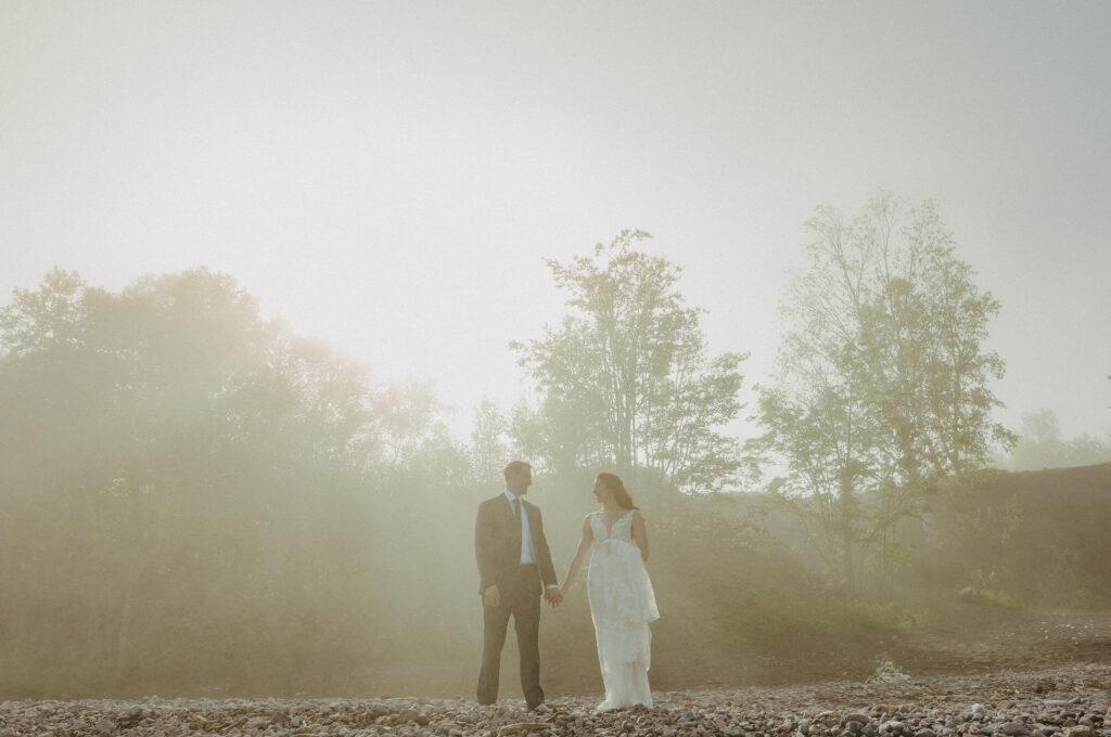 A couple eloping on Black Beach along the North Shore of Minnesota