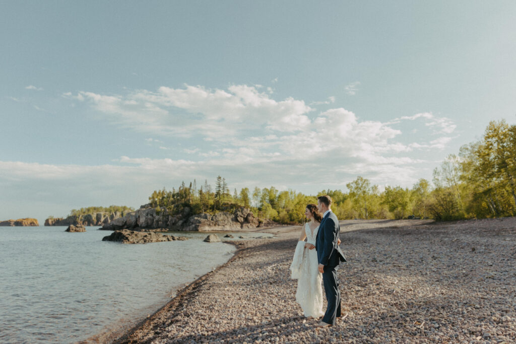 A couple eloping on Black Beach along the North Shore of Minnesota