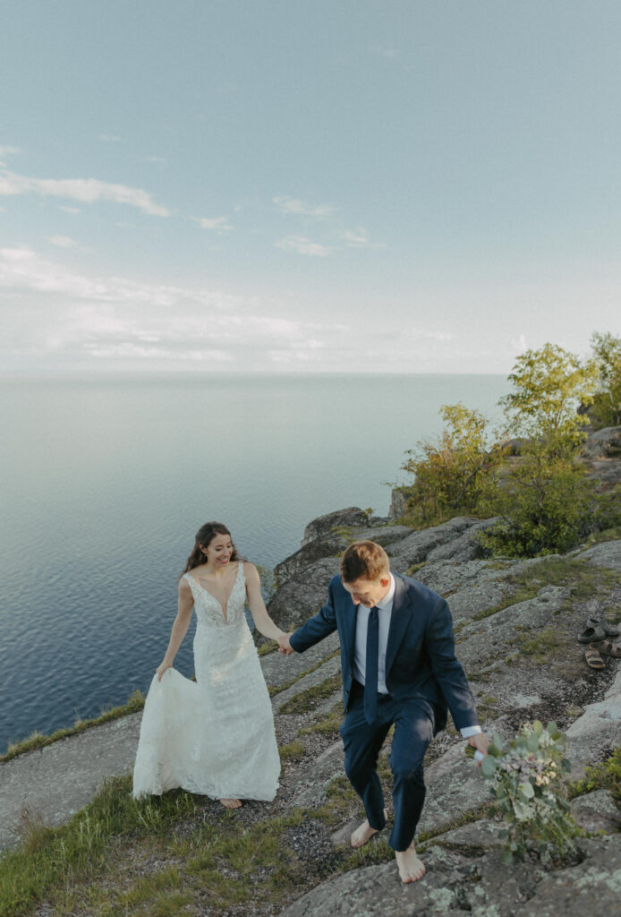 A couple eloping on Black Beach along the North Shore of Minnesota