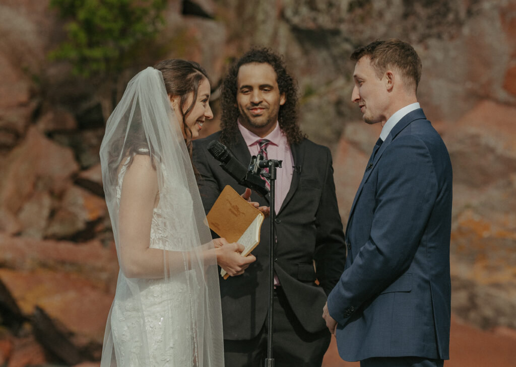 A couple eloping on Black Beach along the North Shore of Minnesota