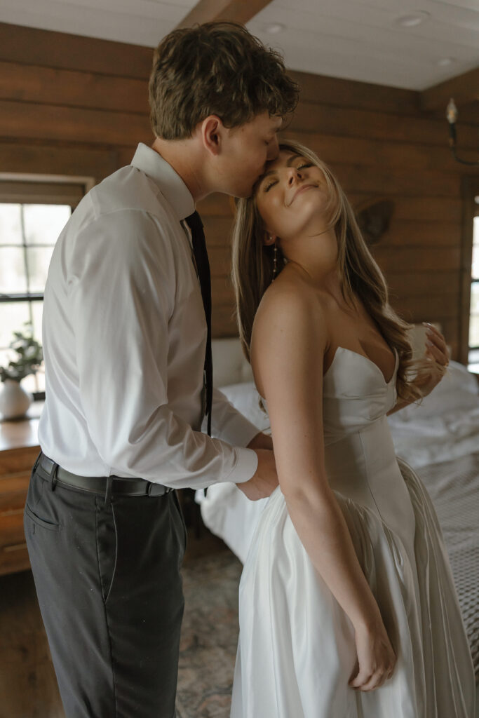 Romantic close-up of couple getting ready during a Jackson Hole area Wyoming elopement