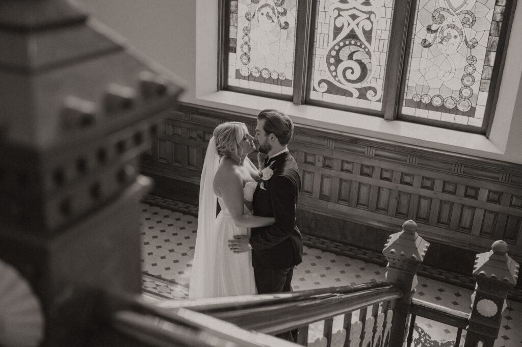 Newlyweds sharing a quiet moment after their Ohio city hall wedding