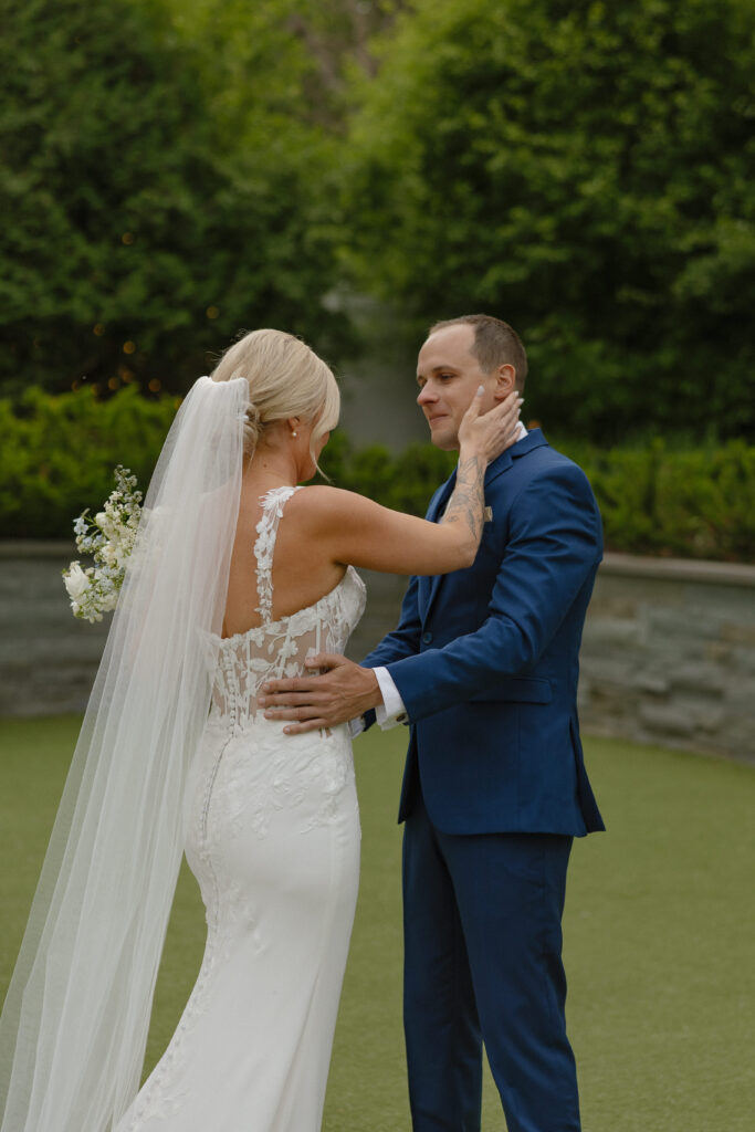 Bride and groom sharing a quiet moment during their luxury Hutton House wedding on Medicine Lake
