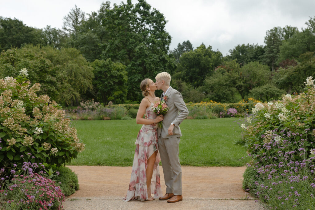 Intimate bride and groom elopement portraits at Lyndale Rose Garden
