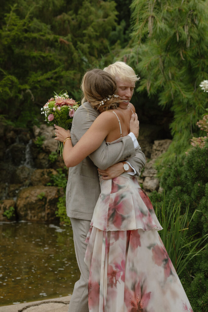 Intimate bride and groom elopement portraits at Lyndale Rose Garden