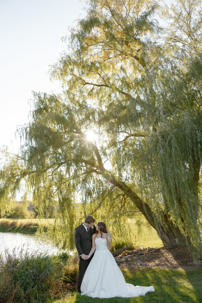Bride and groom portraits under willow tree at Oak Glen wedding venue