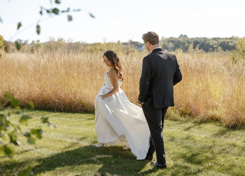 Elegant bride and groom portraits at Oak Glen golf course wedding venue