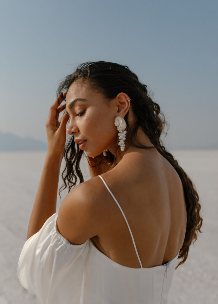 Editorial elopement bridal portraits in the Bonneville Salt Flats