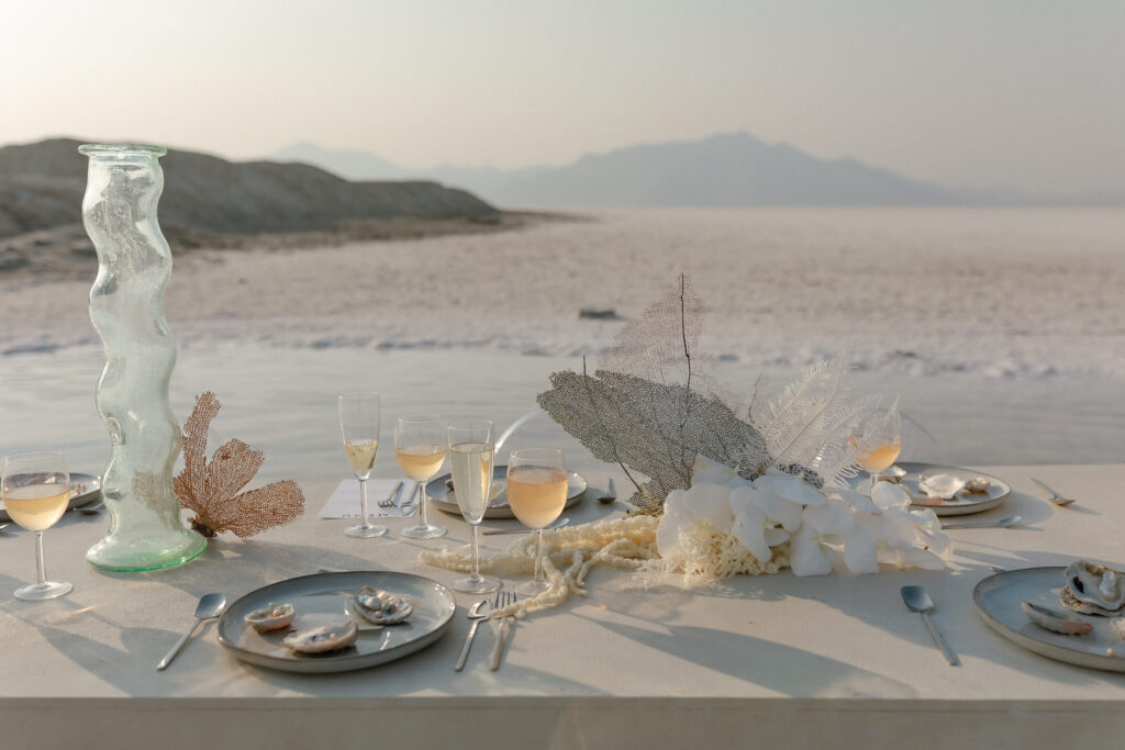 Intimate elopement setup on the Bonneville Salt Flats