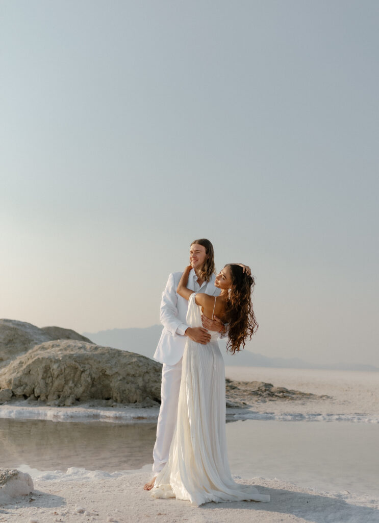 Ethereal elopement portraits on the Bonneville Salt Flats