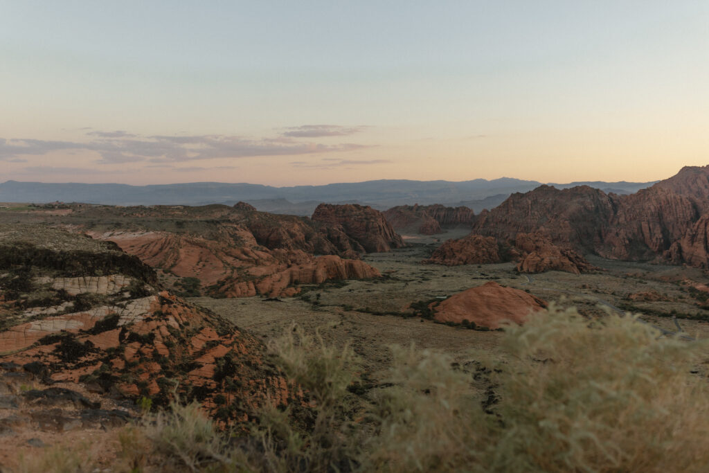 Wide landscape view of red rock formations at Snow Canyon State Park