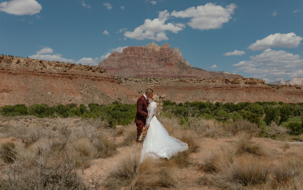 Intimate portraits of bride and groom in Zion National Park during their desert elopement