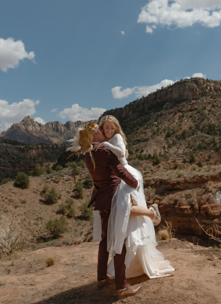 Intimate portraits of bride and groom in Zion National Park during their desert elopement
