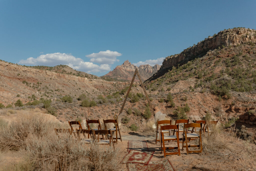 Intimate elopement ceremony setup overlooking Zion National Park