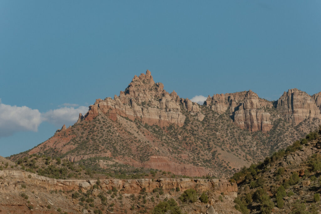 Wide view of red rock cliffs during a Zion National Park elopement