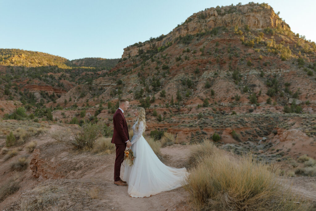 Intimate portraits of bride and groom in Zion National Park during their desert elopement