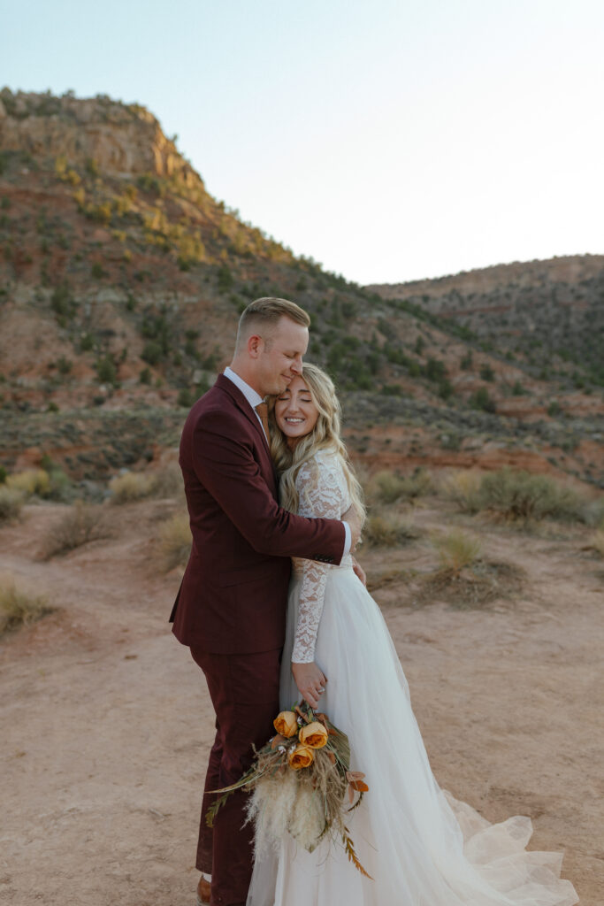 Intimate portraits of bride and groom in Zion National Park during their desert elopement