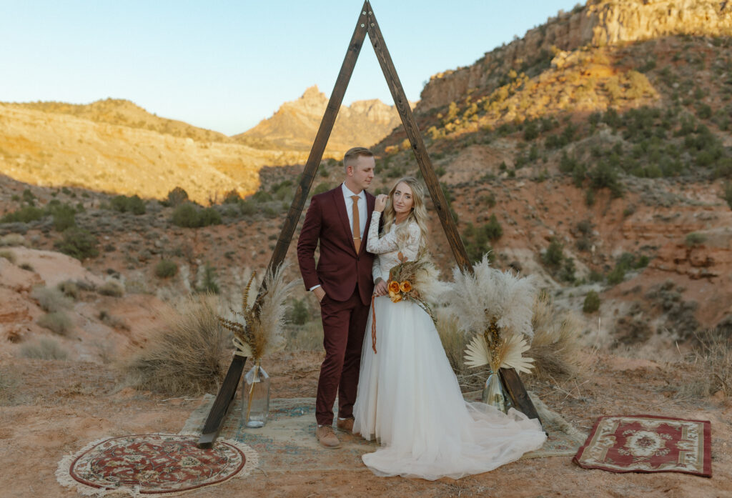 Intimate portraits of bride and groom in Zion National Park during their desert elopement