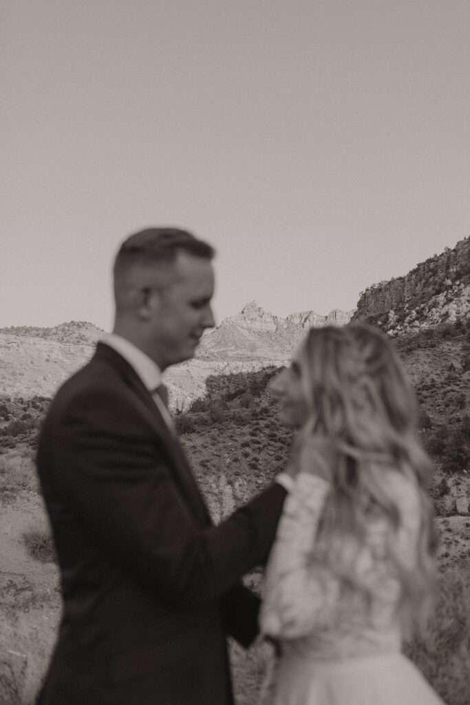 Intimate portraits of bride and groom in Zion National Park during their desert elopement