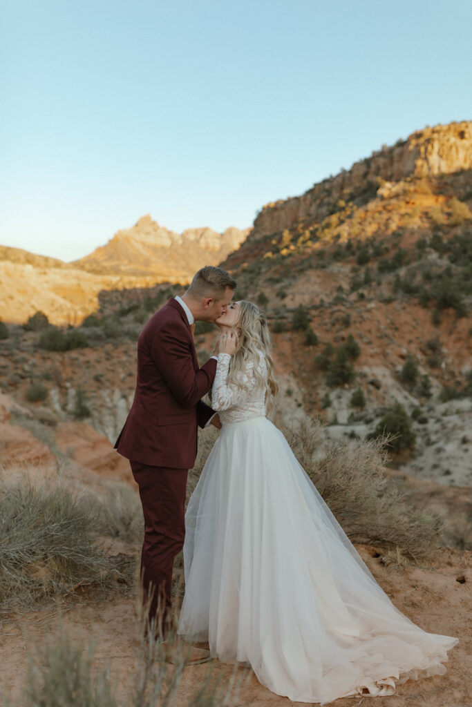 Intimate portraits of bride and groom in Zion National Park during their desert elopement