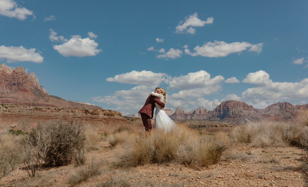Intimate portraits of bride and groom in Zion National Park during their desert elopement