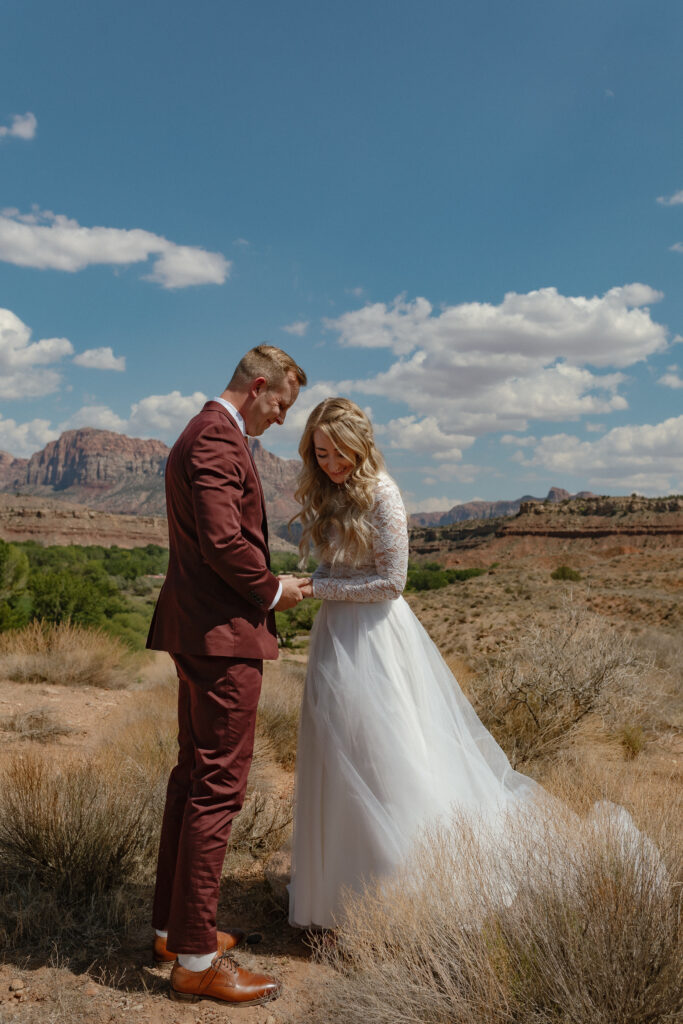 Intimate portraits of bride and groom in Zion National Park during their desert elopement